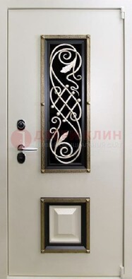 Белая стальная дверь с ковкой со стеклопакетом и МДФ ДК-30 в Ростове-На-Дону