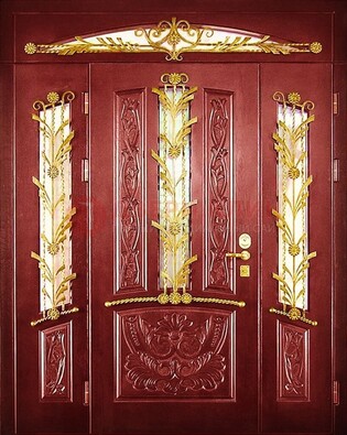 Бордовая железная парадная дверь со стеклом и ковкой ДПР-75 в Сергиевом Посаде