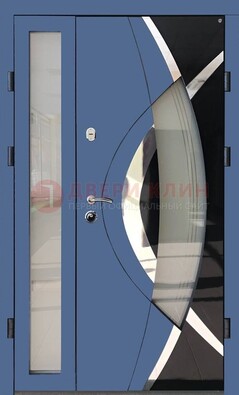 Синяя металлическая дверь со стеклом и узором ДС-13 в Архангельске