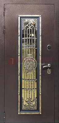 Железная дверь цвета медный антик со стеклом и ковкой ДСК-105 в Архангельске