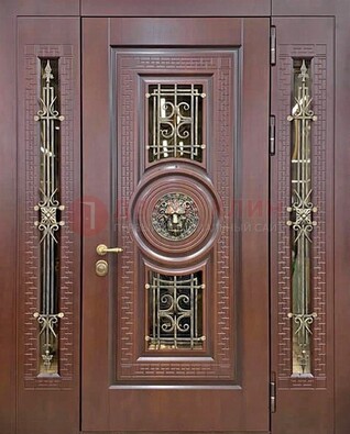 Коричневая стальная дверь со стеклом и ковкой ДСК-147 с фрамугами в Липецке