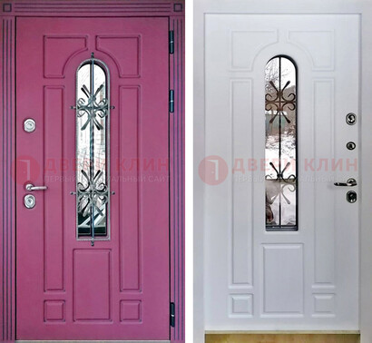Розовая металлическая дверь со стеклом и ковкой ДСК-151 в Архангельске