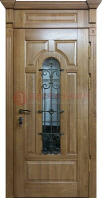 Металлическая дверь массив со стеклом и ковкой для дома ДСК-246 в Санкт-Петербурге