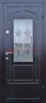 Черная уличная дверь Винорит со стеклом и ковкой ДСК-259 в Балашихе
