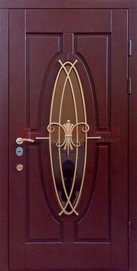 Бордовая стальная дверь Винорит со стеклом и ковкой ДСК-263 в Архангельске