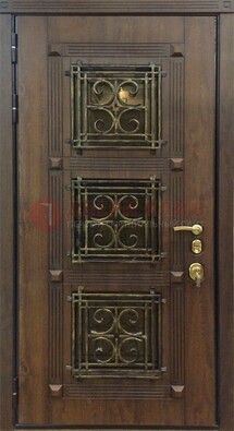 Коричневая металлическая дверь с виноритом и ковкой ДВТ-199 в Сергиевом Посаде