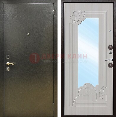 Входная темно-серая дверь c порошковым покрытием и МДФ с резьбой и зеркалом ДЗ-113 в Архангельске