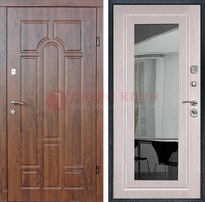 Входная коричневая дверь с МДФ Белый дуб и зеркалом ДЗ-126 в Архангельске