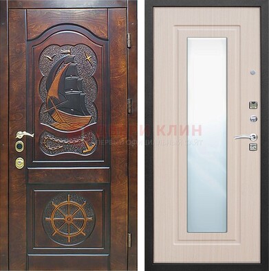 Темная уличная дверь с резьбой и зеркалом внутри ДЗ-49 в Архангельске