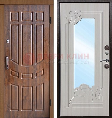 Коричневая уличная дверь c виноритом и терморазрывом МДФ Беленый дуб  с зеркалом ДЗ-97 в Архангельске