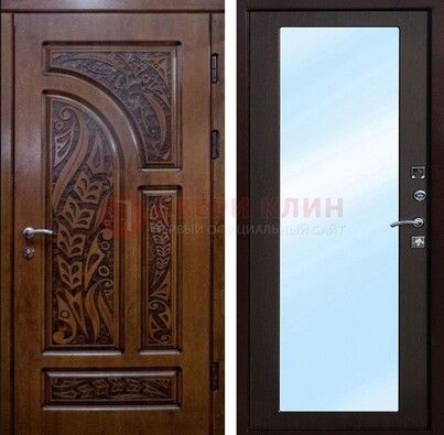 Коричневая входная дверь c узором и виноритом МДФ с зеркалом ДЗ-98 в Архангельске