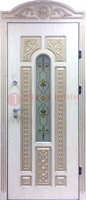 Белая железная дверь с МДФ и витражом ВЖ-26 в Архангельске
