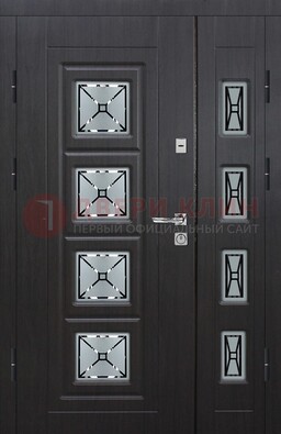 Чёрная двухстворчатая железная дверь с МДФ и витражом ВЖ-35 в Архангельске